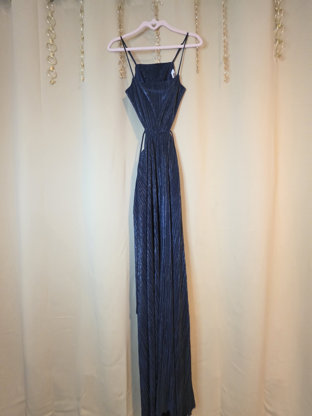 Navy Metallic Pleated Maxi Dress - Spaghetti Strap Evening Gown